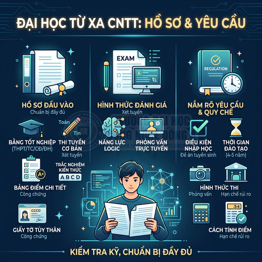 Infographic hướng dẫn hồ sơ và yêu cầu tuyển sinh đại học từ xa ngành công nghệ thông tin