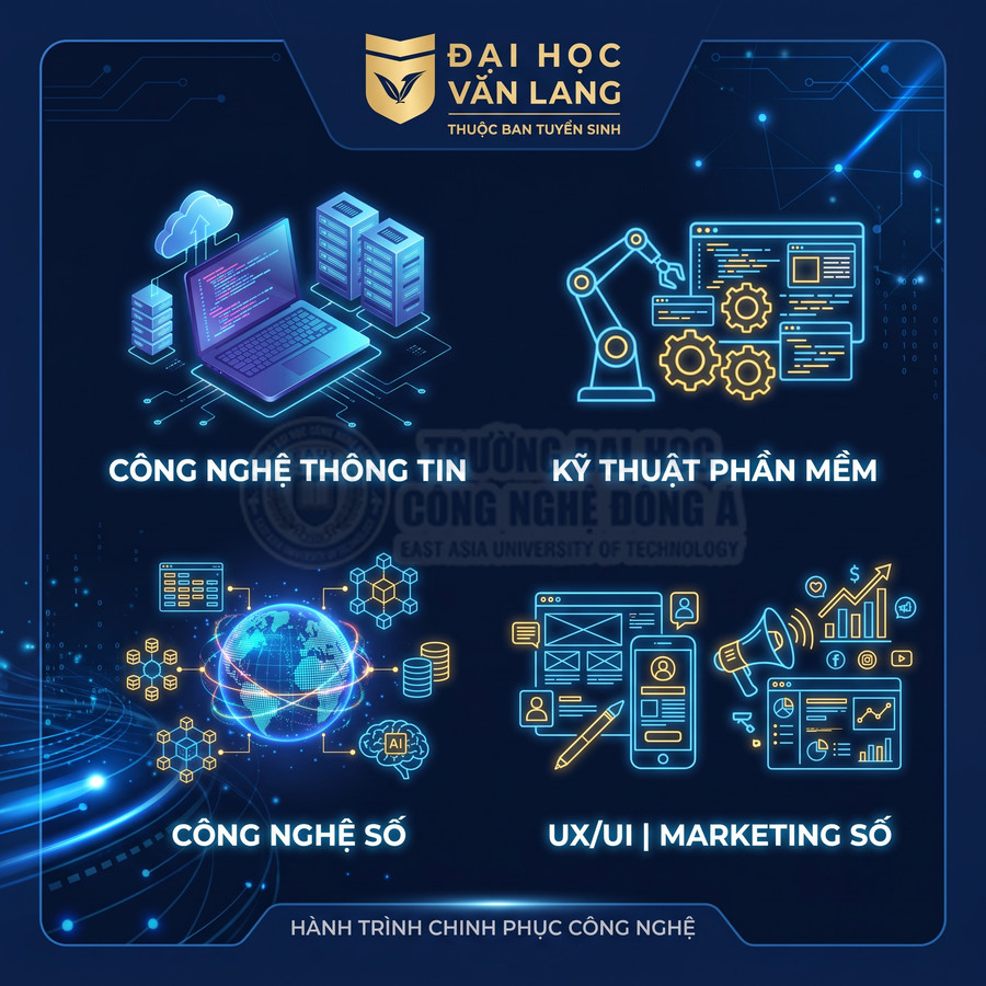 Poster tuyển sinh Đại học Văn Lang với các ngành công nghệ thông tin, kỹ thuật phần mềm, công nghệ số, UX UI và marketing số