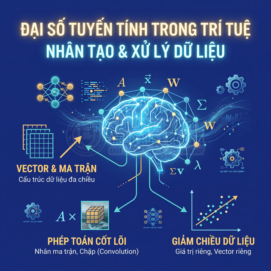 Minh họa đại số tuyến tính trong trí tuệ nhân tạo với não bộ số hóa, vector, ma trận và phép toán xử lý dữ liệu