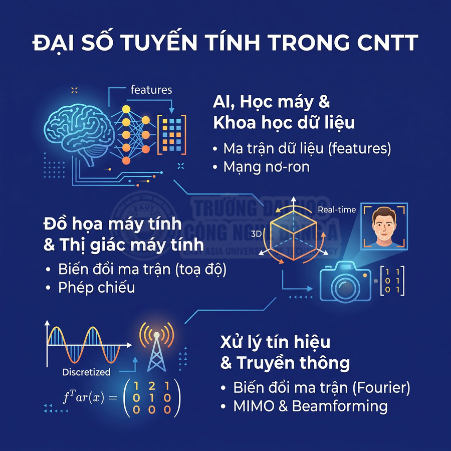 Infographic đại số tuyến tính trong CNTT với ứng dụng cho AI, đồ họa máy tính và xử lý tín hiệu