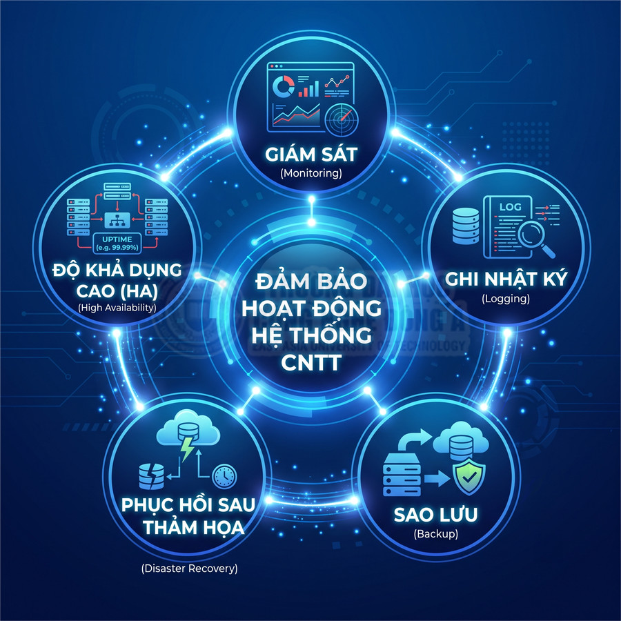 Mô hình đảm bảo hoạt động hệ thống CNTT với giám sát, ghi nhật ký, sao lưu, phục hồi sau thảm họa và độ khả dụng cao
