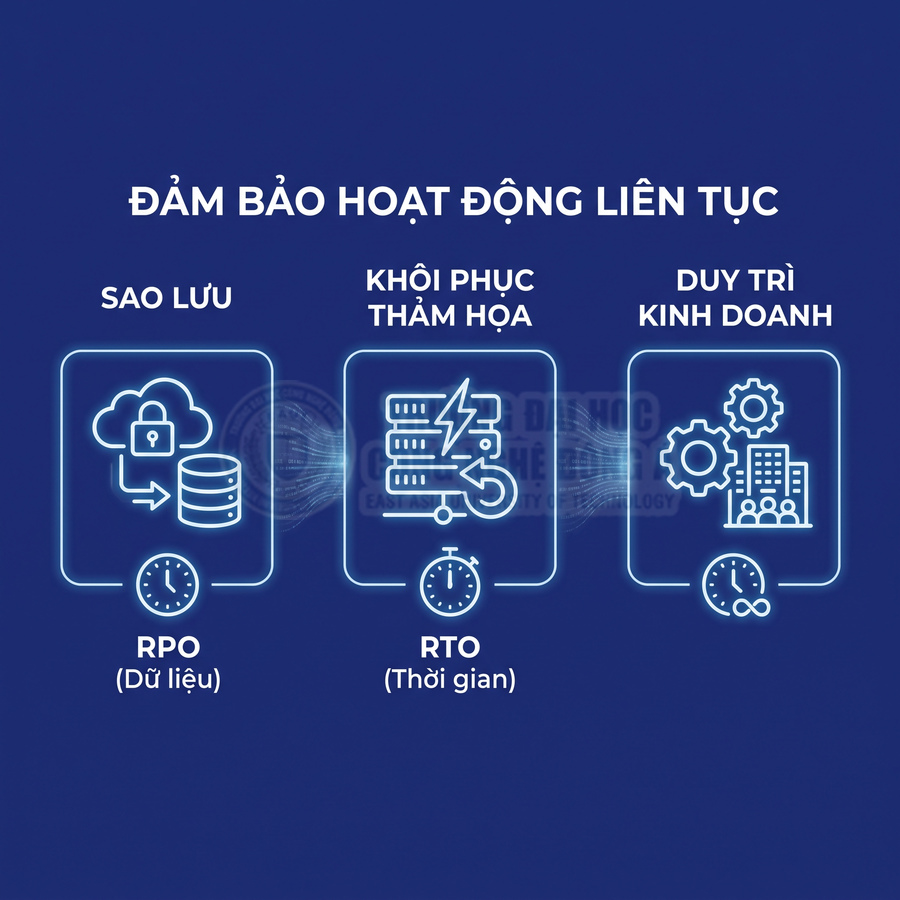 Giải pháp đảm bảo hoạt động liên tục với sao lưu dữ liệu, khôi phục thảm họa và duy trì kinh doanh, kèm chỉ số RPO và RTO