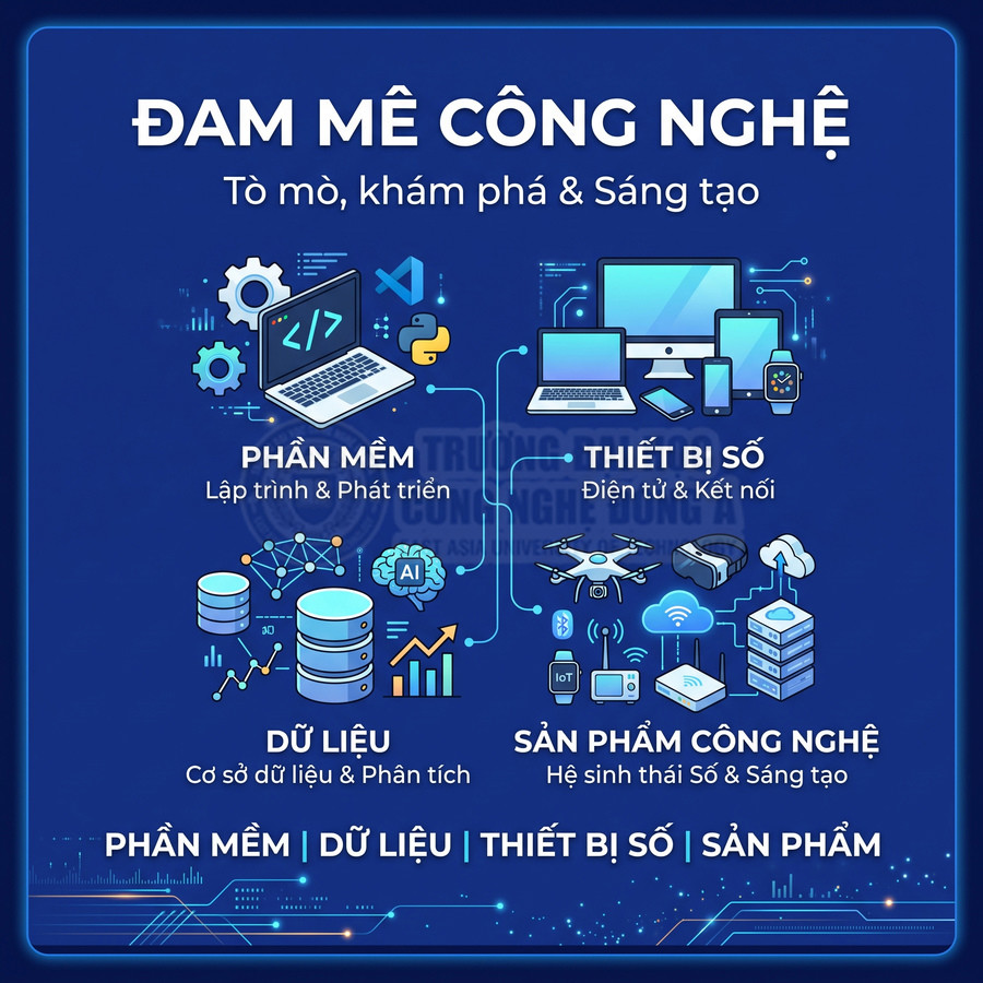 Poster đam mê công nghệ với minh họa phần mềm, dữ liệu, thiết bị số và sản phẩm công nghệ trên nền xanh