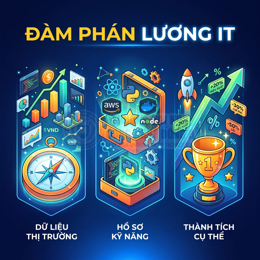 Minh họa đàm phán lương IT với dữ liệu thị trường, hồ sơ kỹ năng AWS Python và thành tích cụ thể tăng hiệu suất