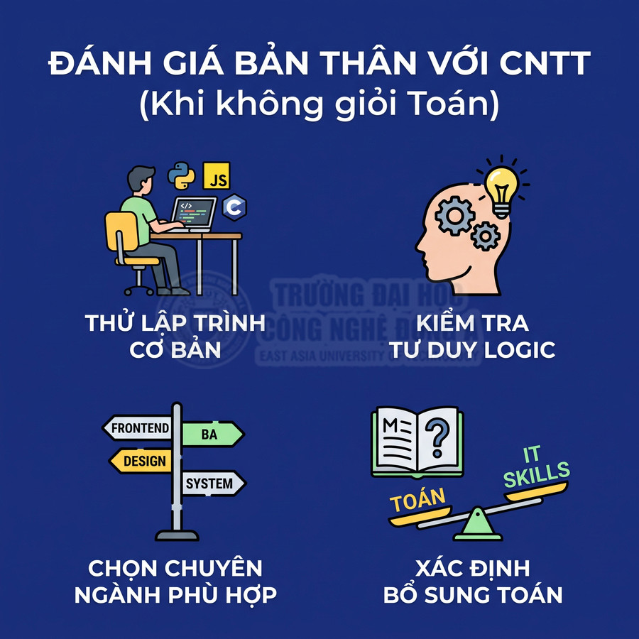 Infographic đánh giá bản thân với ngành CNTT cho người không giỏi Toán, gồm bước thử lập trình, kiểm tra tư duy, chọn chuyên ngành