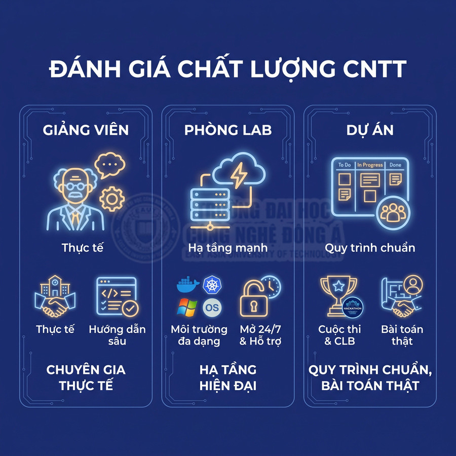 Đánh giá chất lượng ngành CNTT qua giảng viên thực tế, hạ tầng phòng lab hiện đại và dự án theo quy trình chuẩn