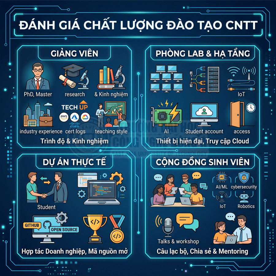 Infographic đánh giá chất lượng đào tạo CNTT với giảng viên, phòng lab, dự án thực tế và cộng đồng sinh viên