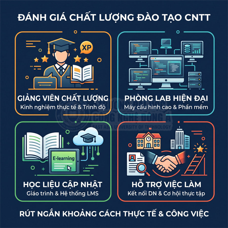 Infographic đánh giá chất lượng đào tạo CNTT với giảng viên, phòng lab, học liệu e-learning và hỗ trợ việc làm