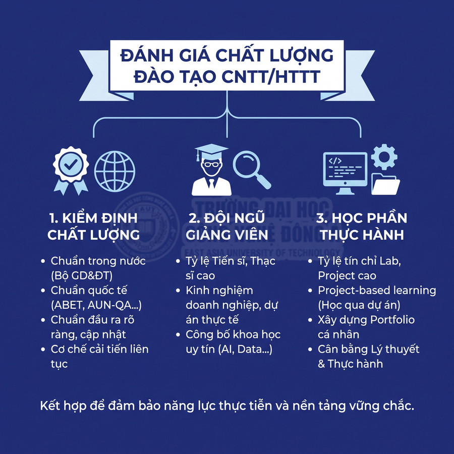 Infographic đánh giá chất lượng đào tạo CNTT HTTT với kiểm định, đội ngũ giảng viên và học phần thực hành