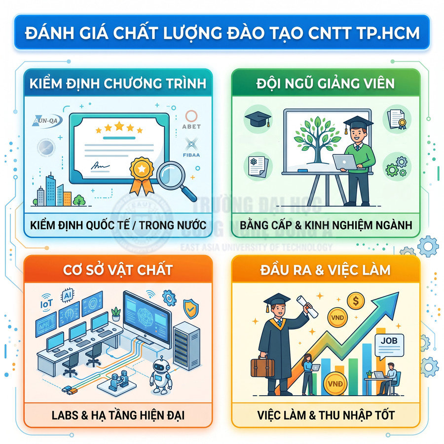 Infographic đánh giá chất lượng đào tạo CNTT TP HCM về kiểm định, giảng viên, cơ sở vật chất và cơ hội việc làm