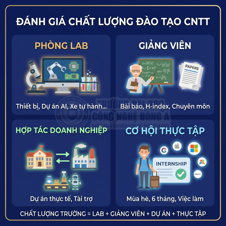 Infographic đánh giá chất lượng đào tạo CNTT với phòng lab, giảng viên, hợp tác doanh nghiệp và cơ hội thực tập