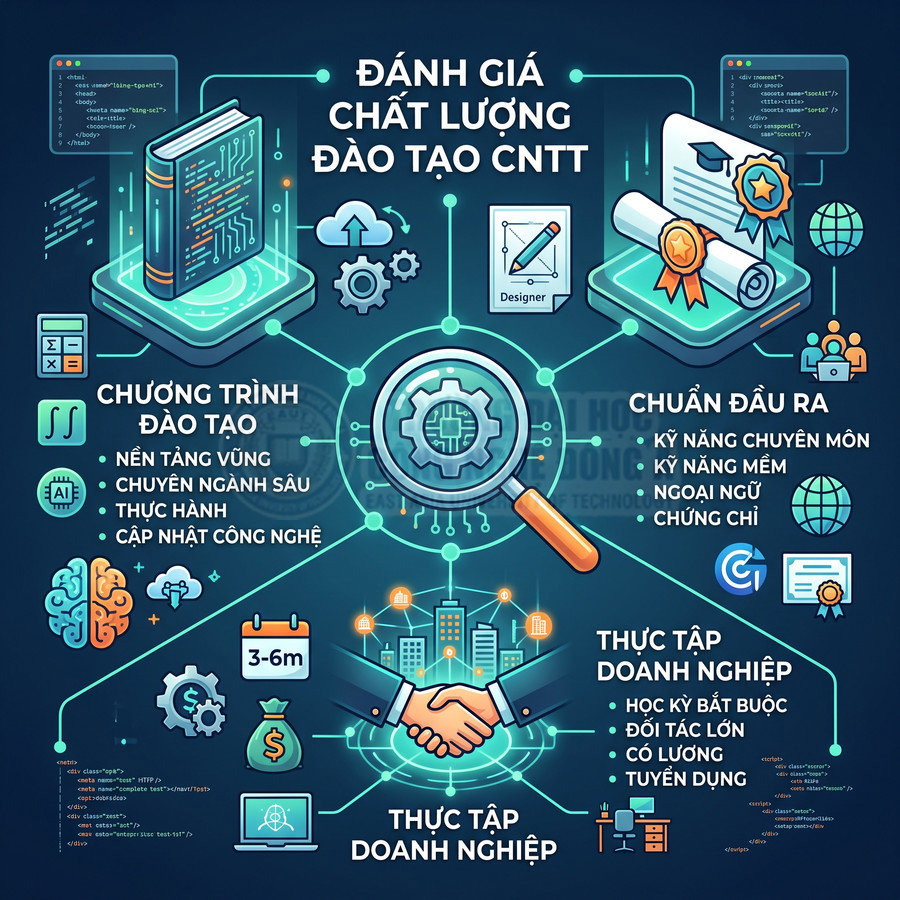 Infographic đánh giá chất lượng đào tạo CNTT với chương trình học, chuẩn đầu ra và thực tập doanh nghiệp
