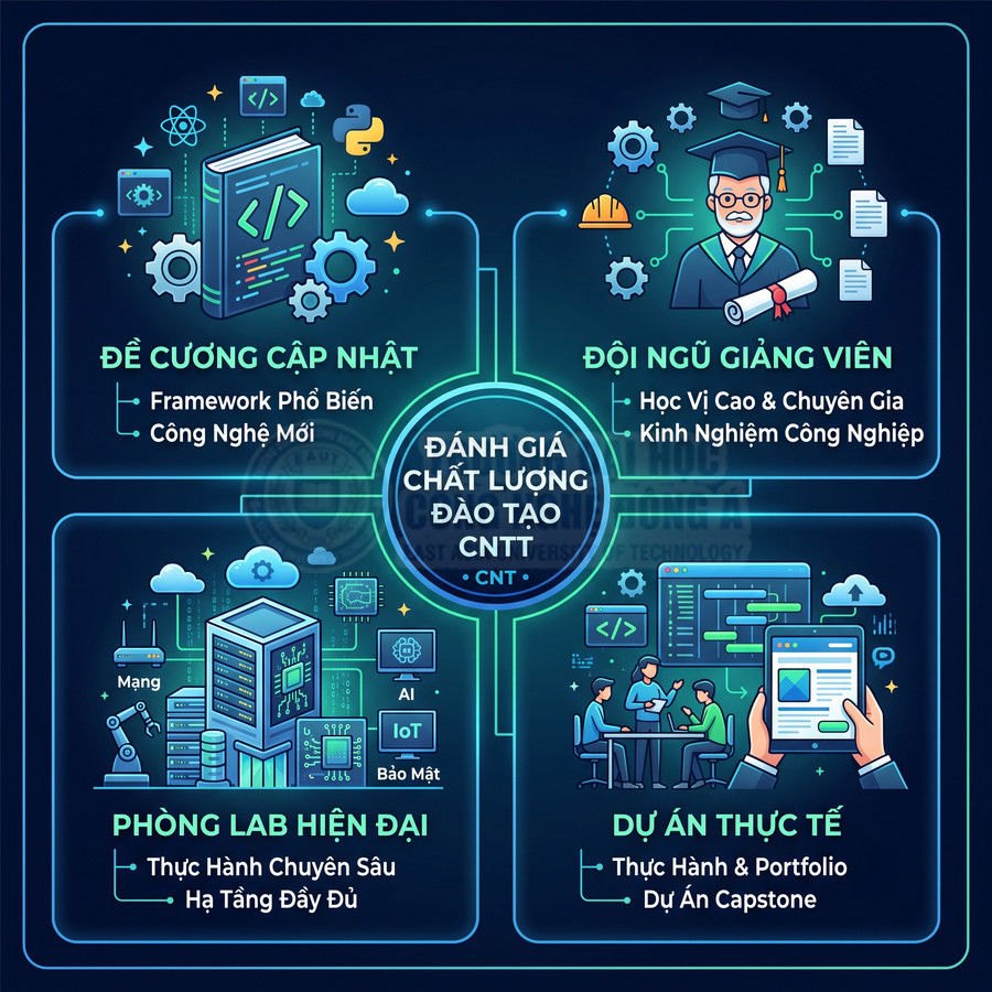 Đánh giá chất lượng đào tạo CNTT với đề cương cập nhật, giảng viên giỏi, phòng lab hiện đại và dự án thực tế