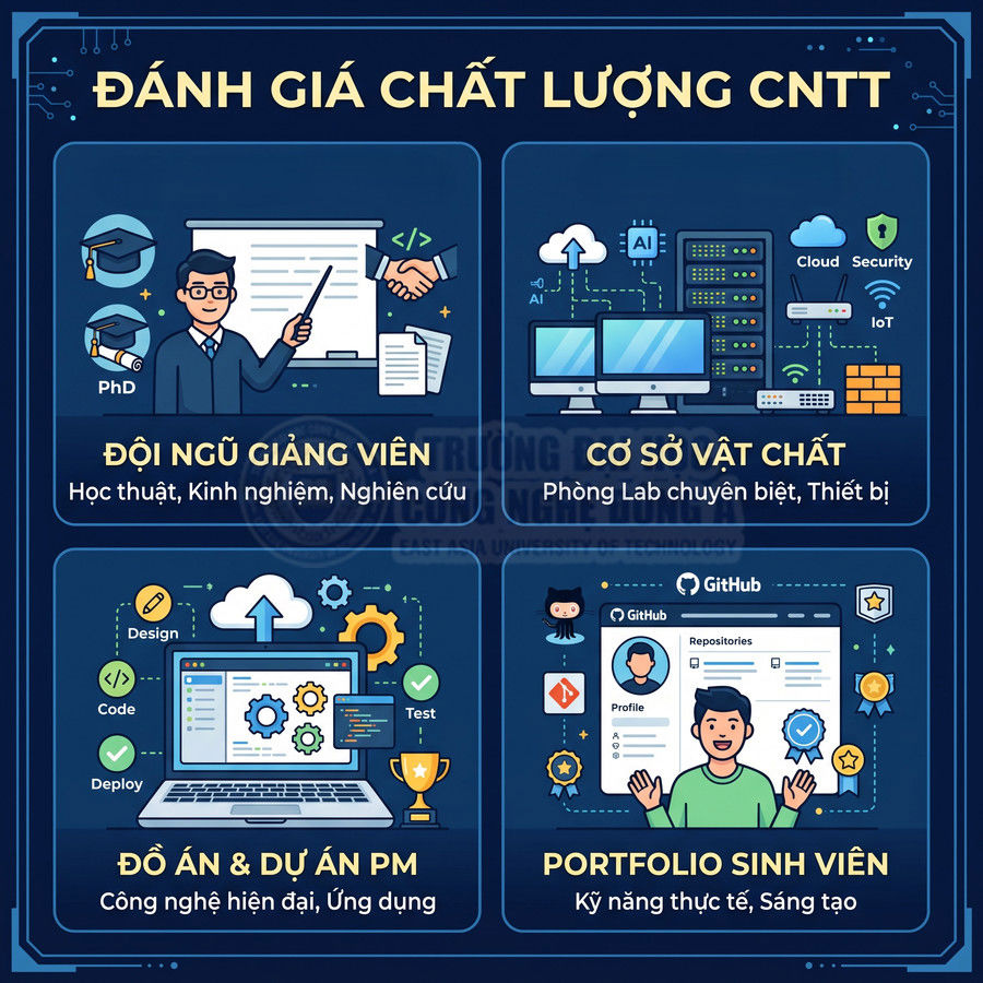 Infographic đánh giá chất lượng ngành CNTT với giảng viên, cơ sở vật chất, đồ án phần mềm và portfolio sinh viên