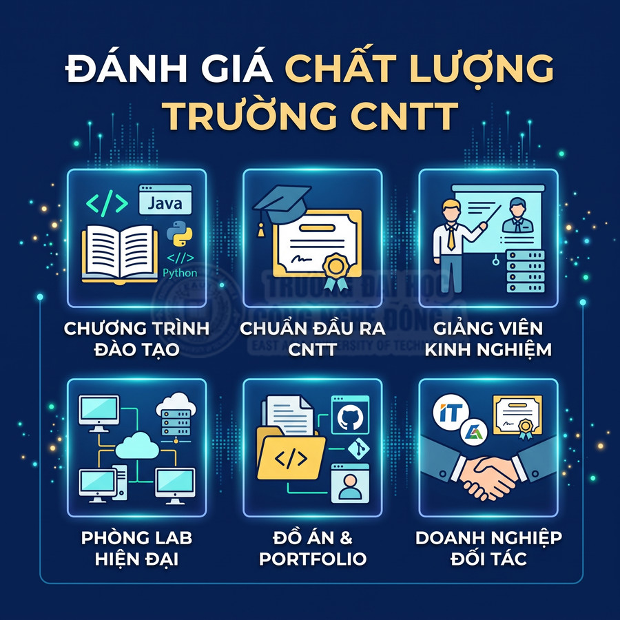 Tiêu chí đánh giá chất lượng trường CNTT với chương trình đào tạo, chuẩn đầu ra, giảng viên, phòng lab, đồ án và doanh nghiệp đối tác
