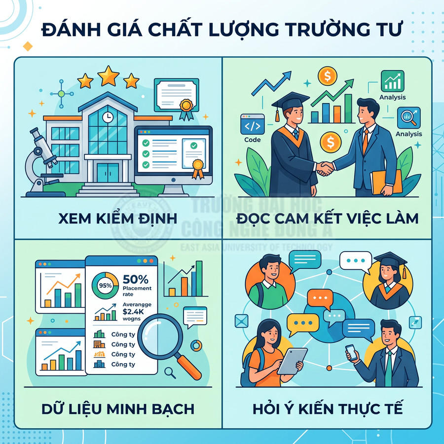 Hướng dẫn đánh giá chất lượng trường tư với các tiêu chí kiểm định, cam kết việc làm, dữ liệu minh bạch và ý kiến thực tế