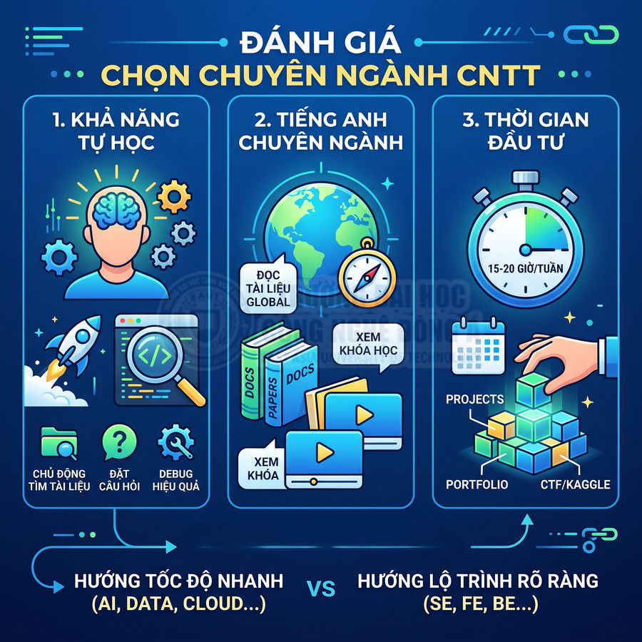 Infographic đánh giá tiêu chí chọn chuyên ngành CNTT gồm tự học, tiếng Anh chuyên ngành và thời gian đầu tư