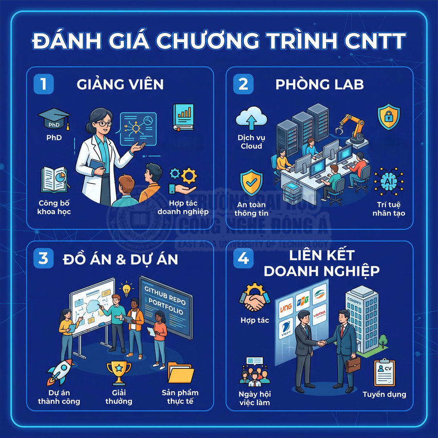 Infographic đánh giá chương trình đào tạo CNTT với giảng viên, phòng lab, đồ án và liên kết doanh nghiệp