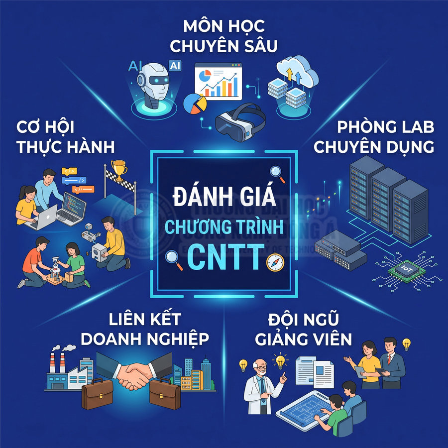 Đánh giá chương trình CNTT với môn học chuyên sâu, phòng lab, cơ hội thực hành và liên kết doanh nghiệp