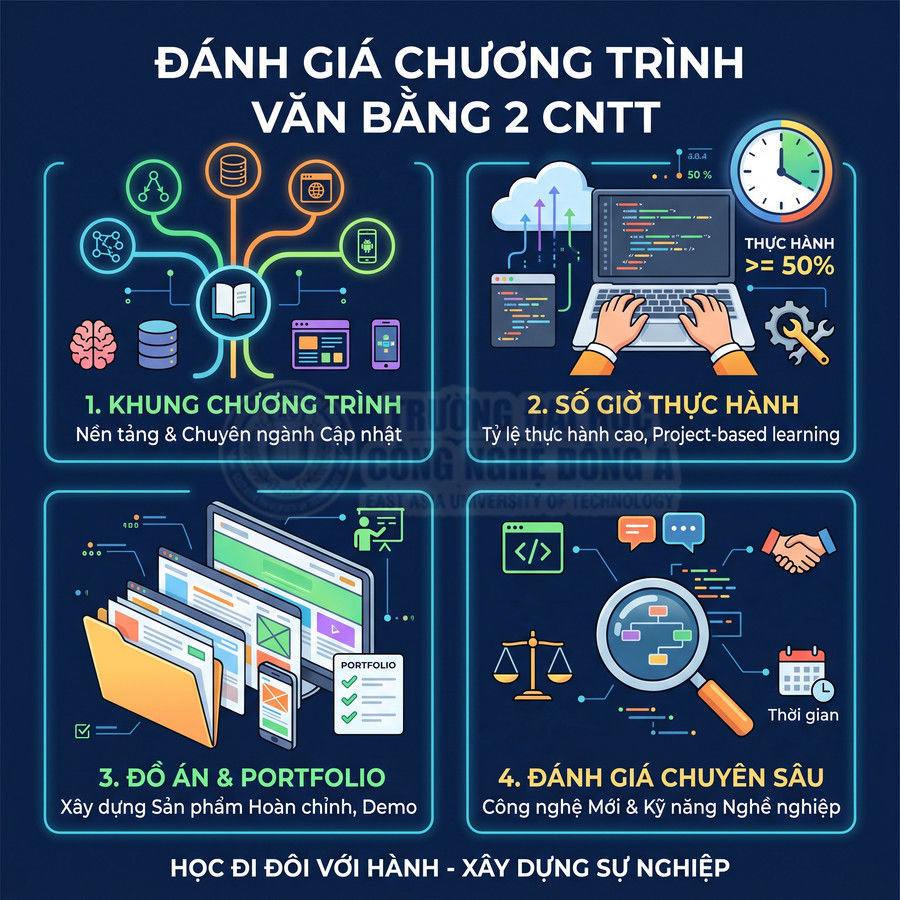 Infographic đánh giá chương trình văn bằng 2 CNTT với khung chương trình, giờ thực hành, đồ án và đánh giá chuyên sâu