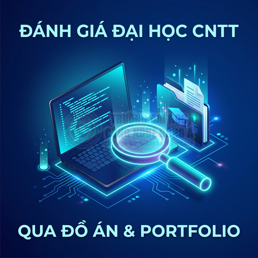 Minh họa laptop lập trình và hồ sơ CNTT được đánh giá qua đồ án và portfolio đại học