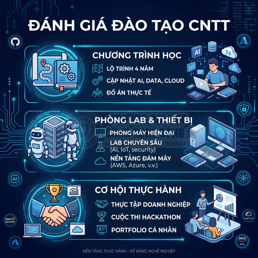 Infographic đánh giá chương trình đào tạo CNTT với lộ trình 4 năm, phòng lab hiện đại và cơ hội thực tập, hackathon