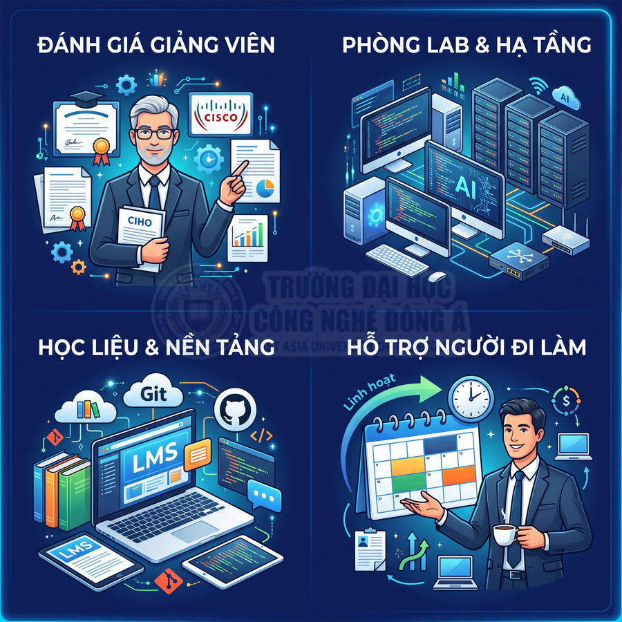 Infographic tuyển sinh ngành công nghệ thông tin với giảng viên, phòng lab AI, nền tảng LMS và hỗ trợ người đi làm
