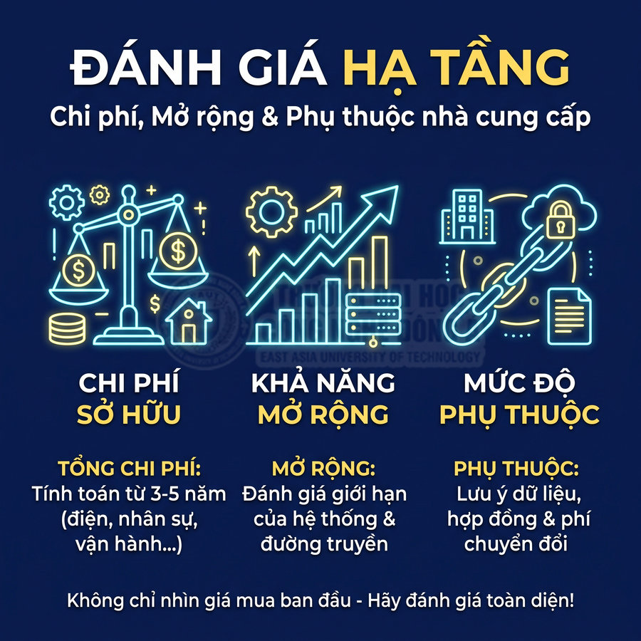 Đồ họa đánh giá hạ tầng công nghệ về chi phí sở hữu, khả năng mở rộng và mức độ phụ thuộc nhà cung cấp