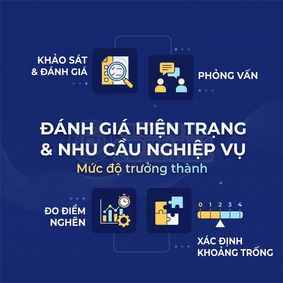 Đánh giá hiện trạng và nhu cầu nghiệp vụ, mức độ trưởng thành, điểm nghẽn và khoảng trống qua khảo sát, phỏng vấn và đo lường 