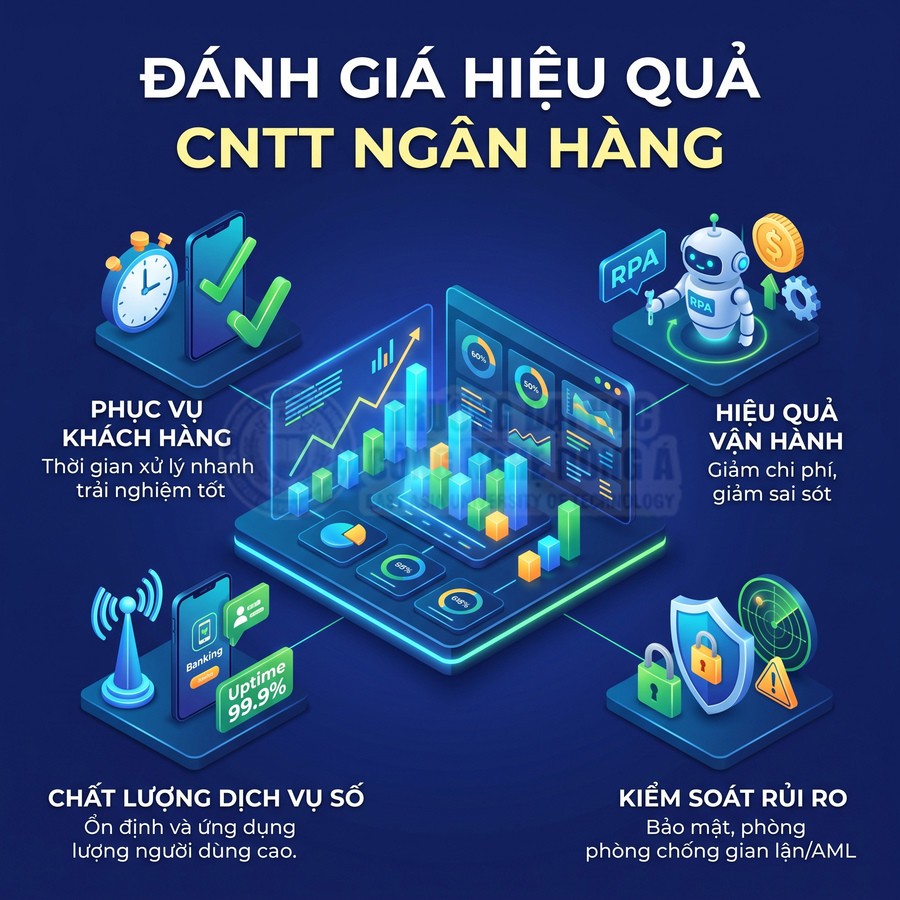 Minh họa đánh giá hiệu quả CNTT ngân hàng với phân tích dữ liệu, tự động hóa, dịch vụ số và kiểm soát rủi ro