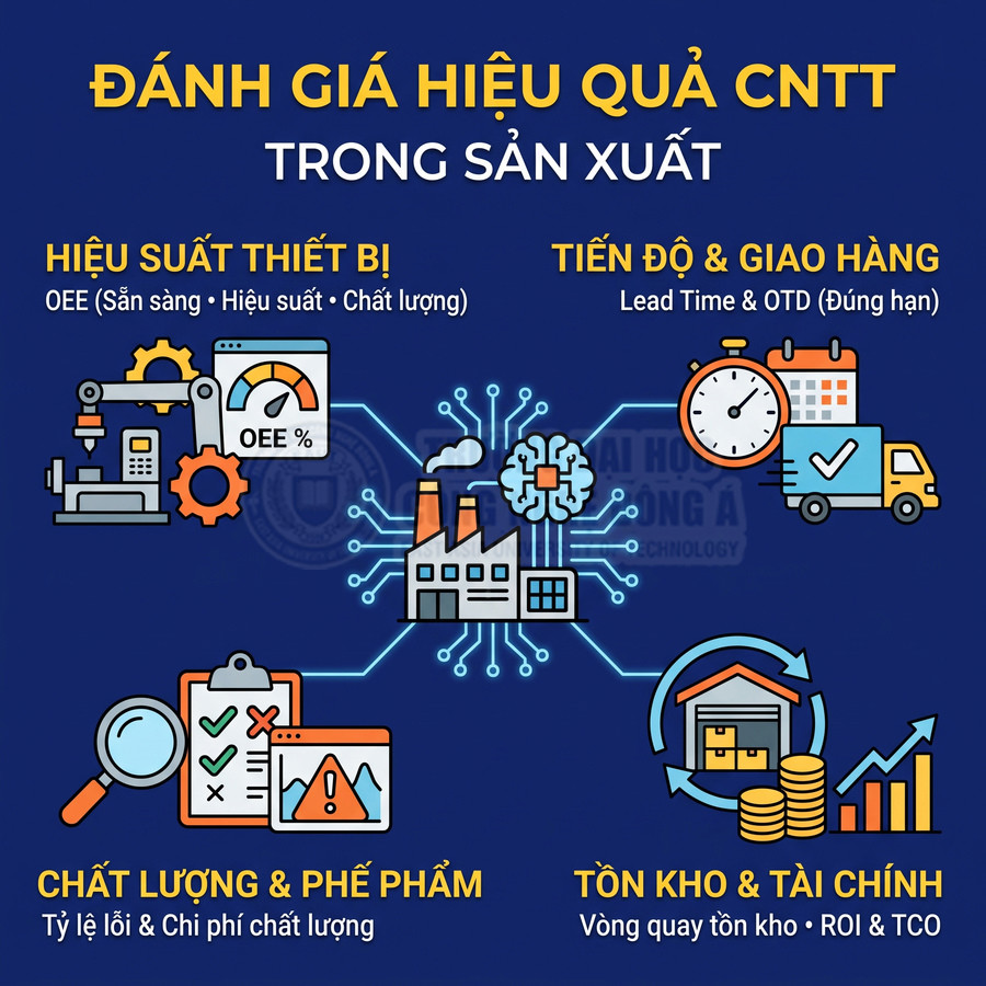 Đánh giá hiệu quả CNTT trong sản xuất qua hiệu suất thiết bị, tiến độ giao hàng, chất lượng, tồn kho và tài chính