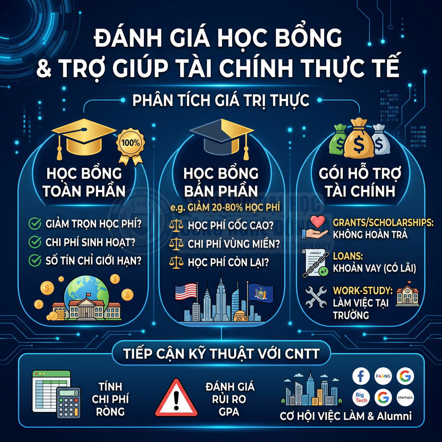 Infographic so sánh học bổng toàn phần, học bổng bán phần và gói hỗ trợ tài chính cho du học sinh