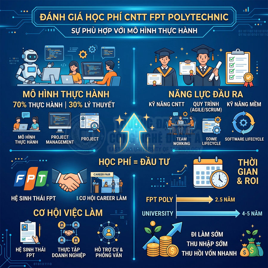 Infographic giới thiệu học phí và mô hình đào tạo CNTT thực hành tại FPT Polytechnic, cơ hội việc làm và thời gian học