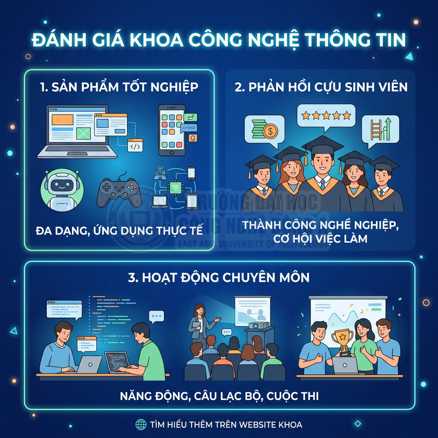 Infographic giới thiệu đánh giá khoa Công nghệ Thông tin với sản phẩm tốt nghiệp, phản hồi cựu sinh viên và hoạt động chuyên môn