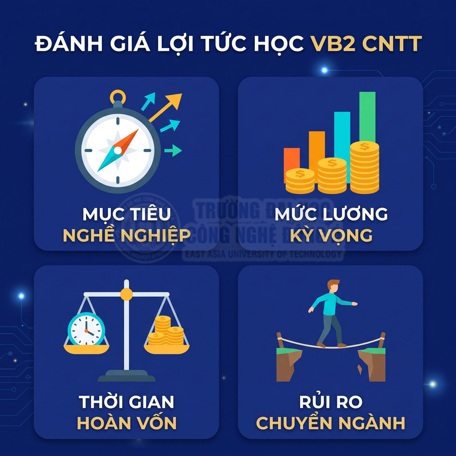 Đánh giá lợi tức học VB2 CNTT với mục tiêu nghề nghiệp, mức lương kỳ vọng, thời gian hoàn vốn và rủi ro chuyển ngành