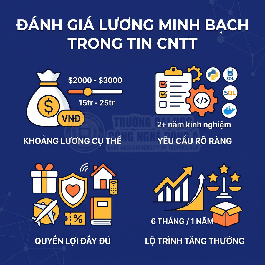 Infographic đánh giá lương minh bạch ngành CNTT với mức lương, yêu cầu kinh nghiệm, quyền lợi và lộ trình tăng thưởng