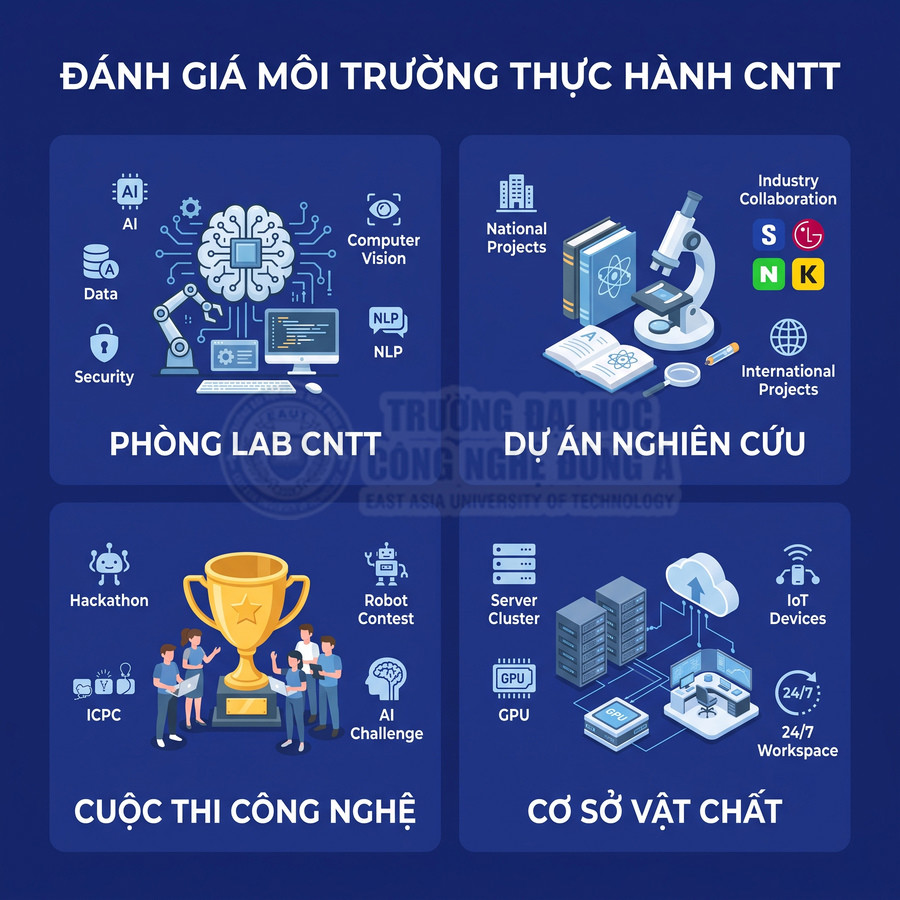 Môi trường thực hành CNTT với phòng lab, dự án nghiên cứu, cuộc thi công nghệ và cơ sở vật chất hiện đại