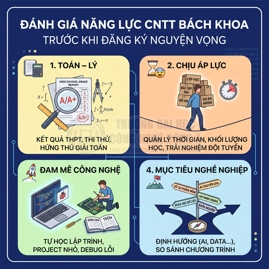 Infographic đánh giá năng lực học CNTT Bách Khoa với các tiêu chí toán lý, chịu áp lực, đam mê công nghệ và mục tiêu nghề nghiệp