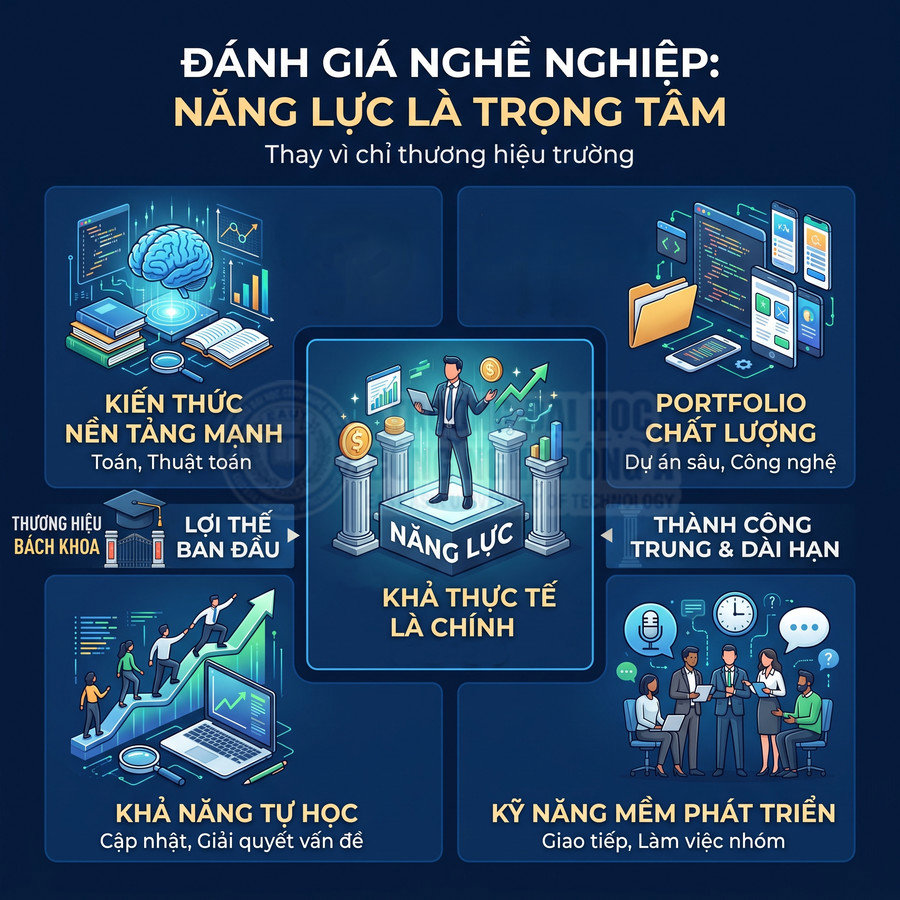 Infographic đánh giá nghề nghiệp nhấn mạnh năng lực, kiến thức nền tảng, kỹ năng mềm và khả năng tự học