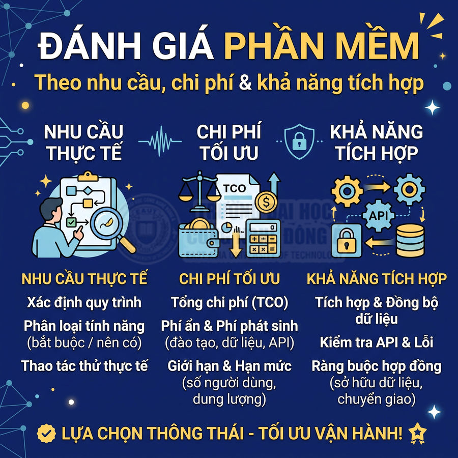 Các tiêu chí đánh giá phần mềm gồm nhu cầu thực tế, tổng chi phí TCO và khả năng tích hợp dữ liệu, API.