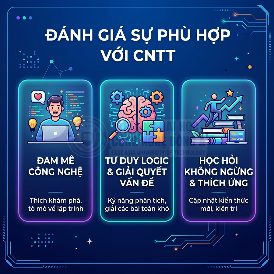 Banner đánh giá sự phù hợp với ngành CNTT với ba tiêu chí đam mê công nghệ, tư duy logic và học hỏi không ngừng
