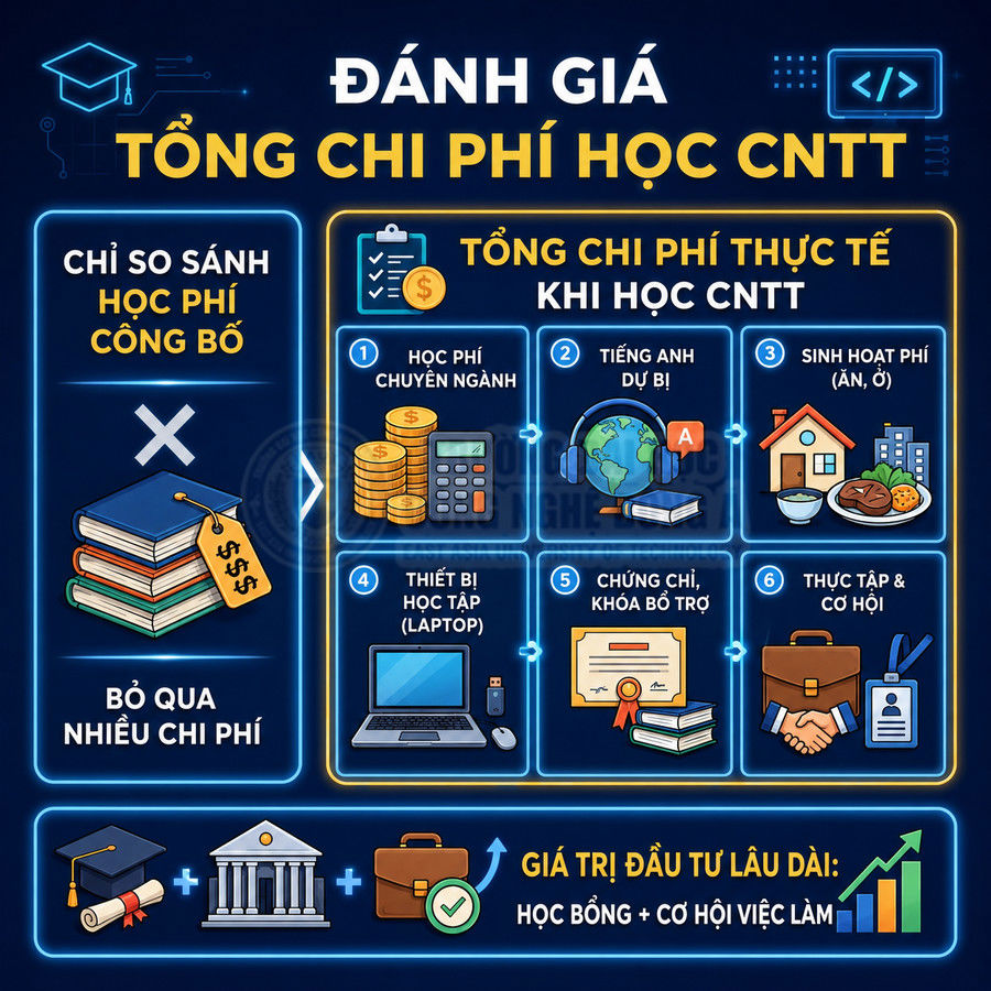 Infographic đánh giá tổng chi phí học CNTT gồm học phí, laptop, tiếng Anh, sinh hoạt, chứng chỉ và thực tập