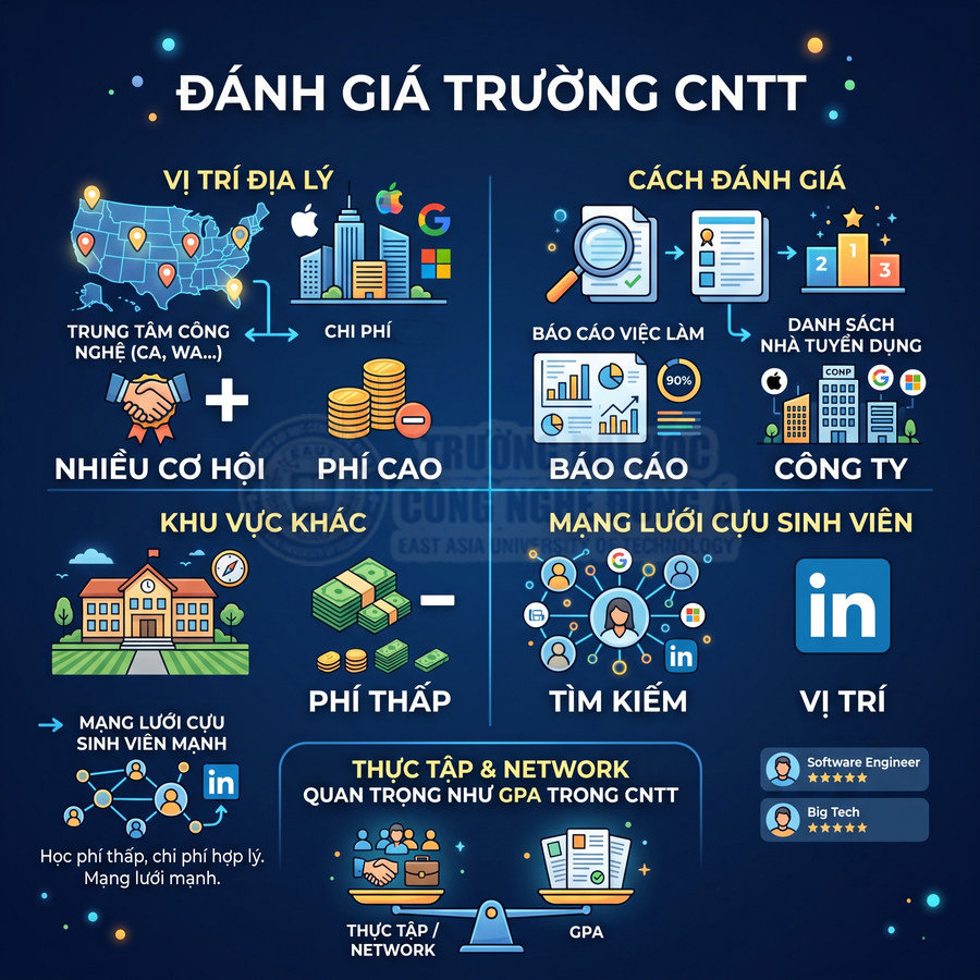 Infographic đánh giá trường CNTT, so sánh vị trí địa lý, chi phí, cơ hội việc làm và mạng lưới cựu sinh viên LinkedIn