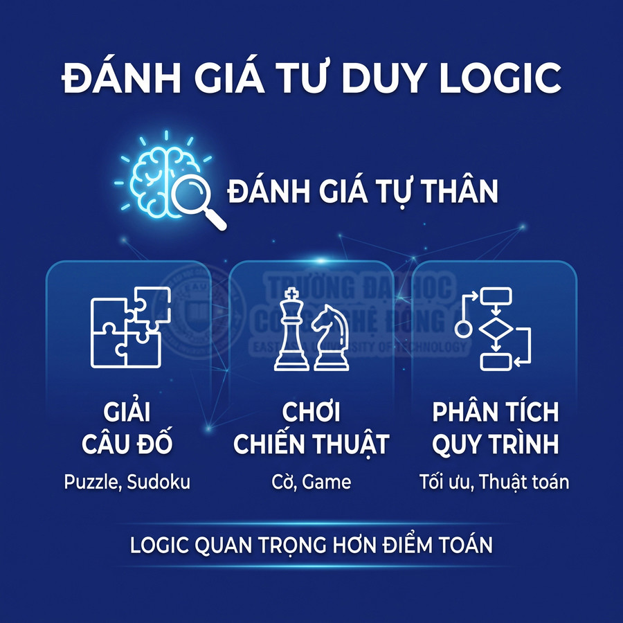 Poster đánh giá tư duy logic với các hoạt động giải câu đố, chơi cờ chiến thuật và phân tích quy trình