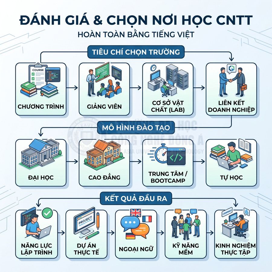 Infographic tiêu chí chọn nơi học CNTT, mô hình đào tạo và kết quả đầu ra cho sinh viên lập trình