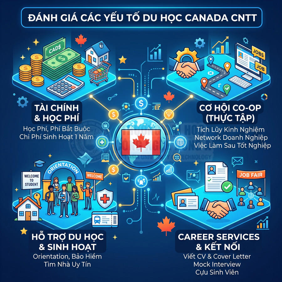 Infographic các yếu tố tài chính, thực tập, hỗ trợ sinh hoạt và việc làm khi du học Canada ngành CNTT