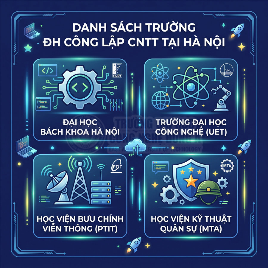Danh sách các trường đại học công lập đào tạo công nghệ thông tin tại Hà Nội với biểu tượng minh họa từng trường