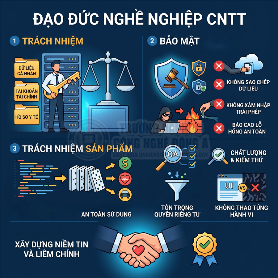 Infographic về đạo đức nghề nghiệp CNTT với các nguyên tắc trách nhiệm, bảo mật, chất lượng sản phẩm và xây dựng niềm tin