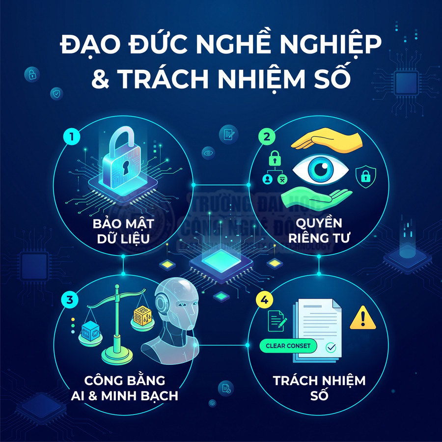 Minh họa đạo đức nghề nghiệp và trách nhiệm số với bảo mật dữ liệu, quyền riêng tư, công bằng AI và minh bạch, trách nhiệm số