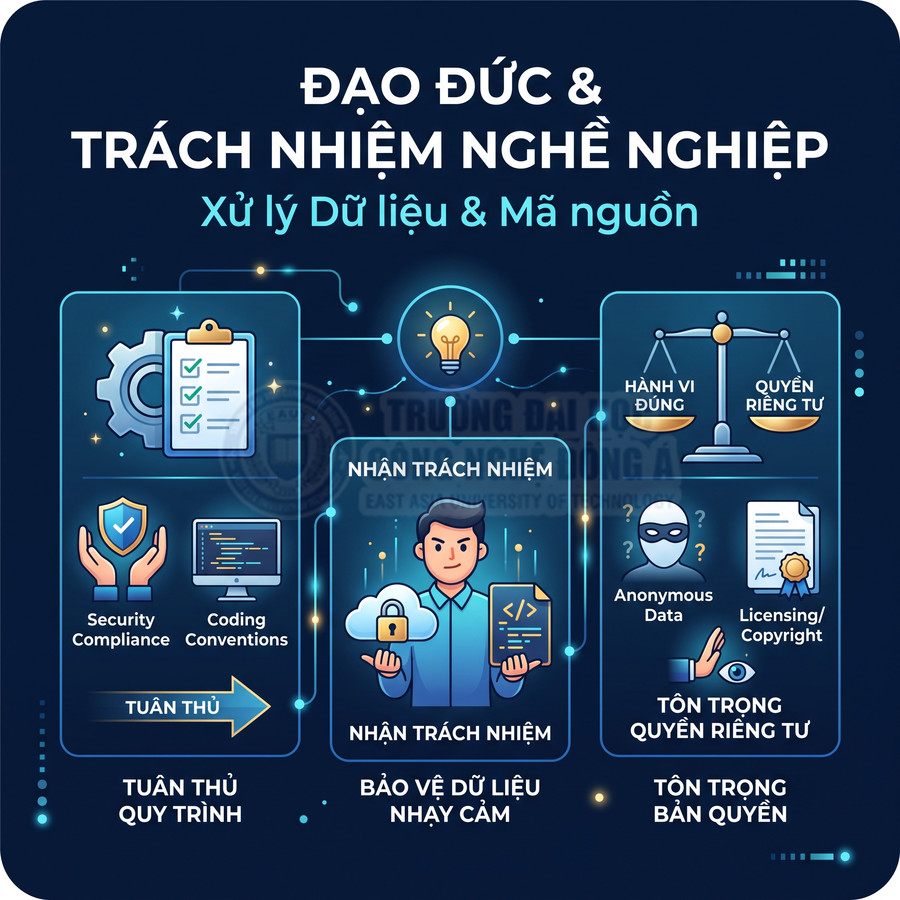 Minh họa nguyên tắc đạo đức và trách nhiệm nghề nghiệp trong xử lý dữ liệu và mã nguồn, bảo vệ dữ liệu và quyền riêng tư